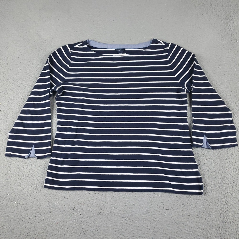 Nautica T Shirt Womens Large Blue White Striped Long Sleeve Boat Neck Top